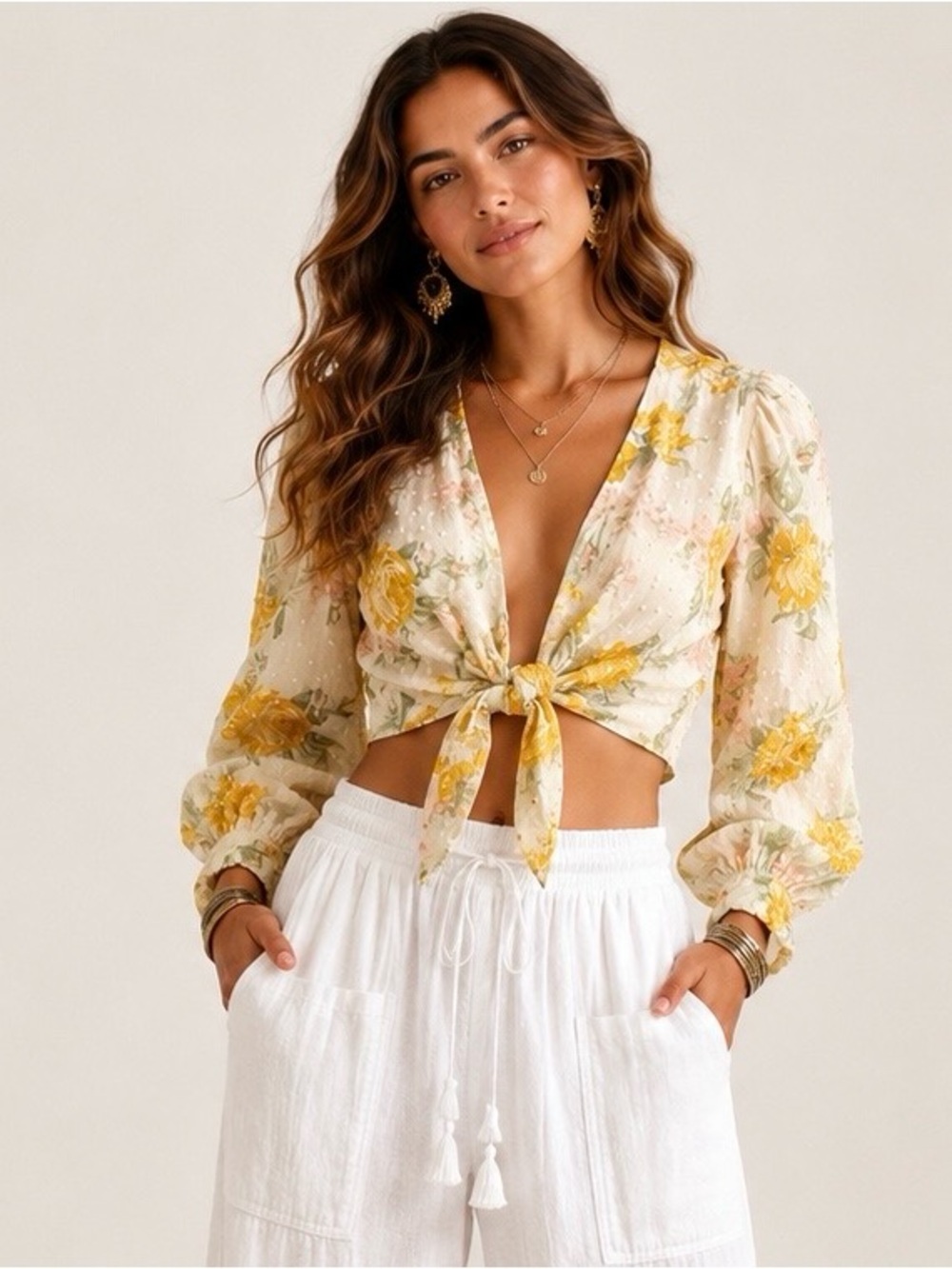WAYF Yellow Blush Floral Swiss Dot Tie Front Crop Top Sz M Cottagecore Boho NWT